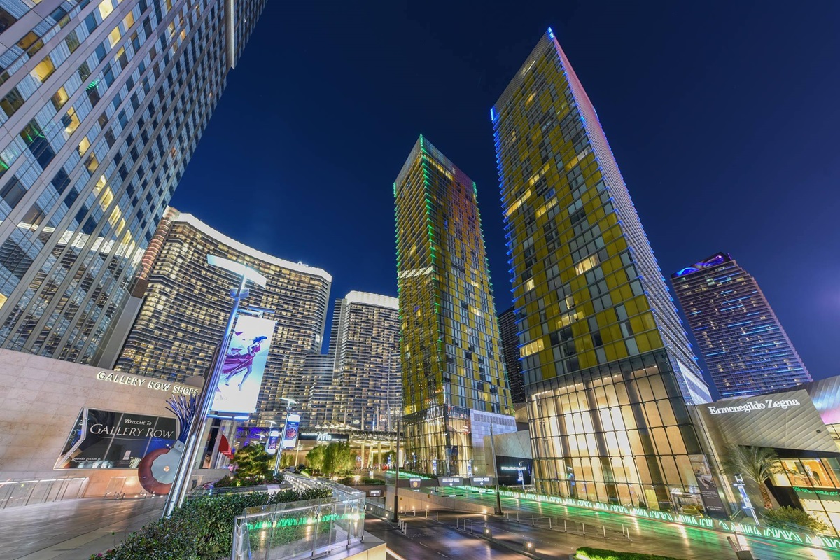 Photo of Veer Towers at night.