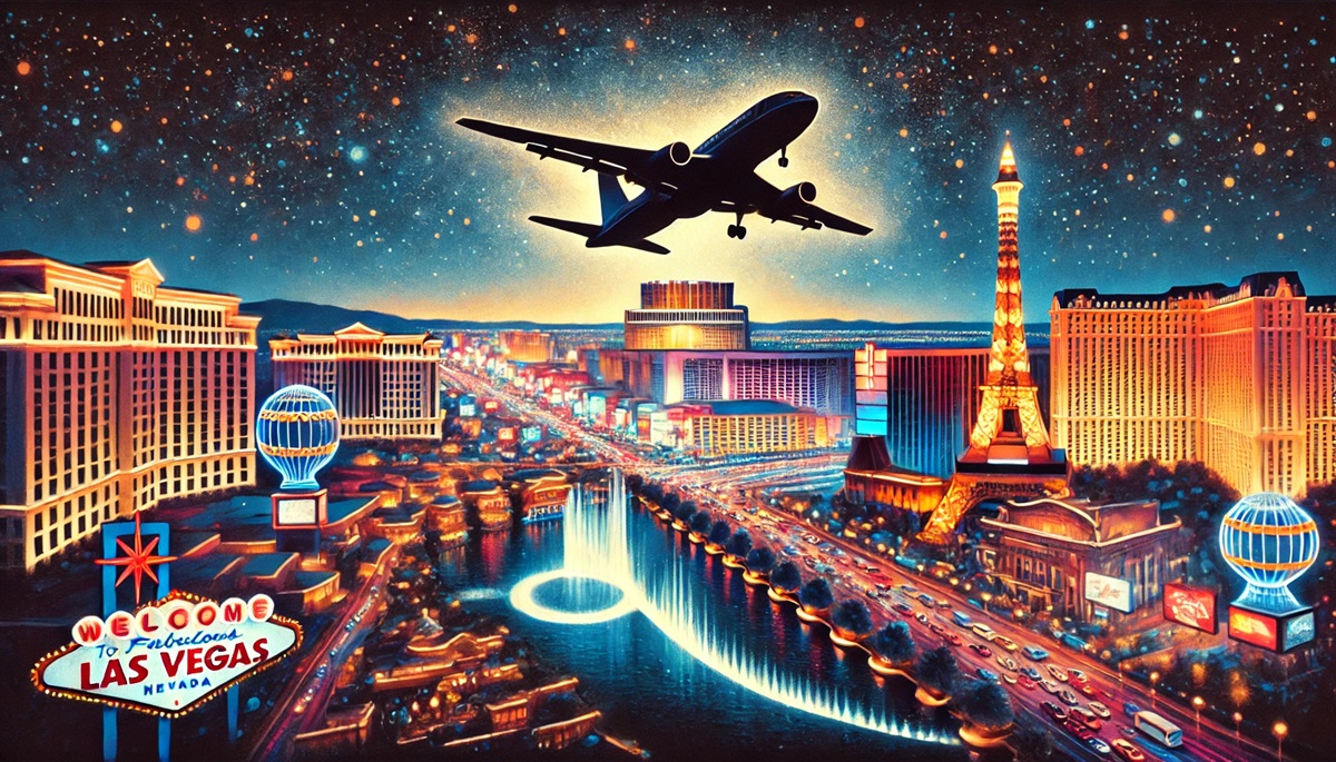 Stylized rendering of an airplane flying over the las Vegas Strip.