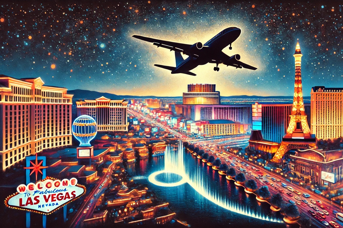 Stylized rendering of an airplane flying over the las Vegas Strip.