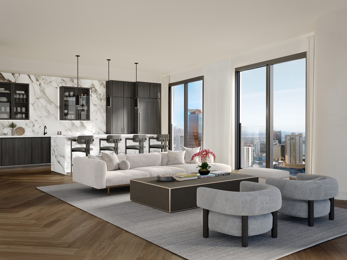 Rendering of a luxury condo living room.