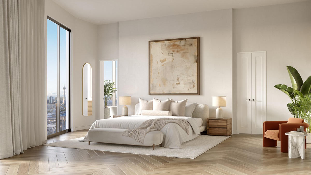 Rendering of a luxury condo primary bedroom.