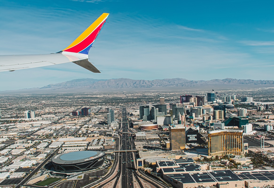 An airplane takes off from Harry Reid International Airport.