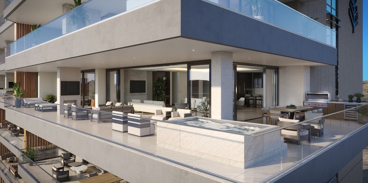 Rendering of a high-rise condo balcony.