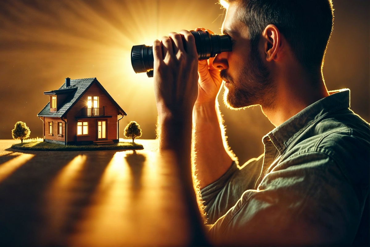 Rendering of a home buyer looking at a house with binoculars.