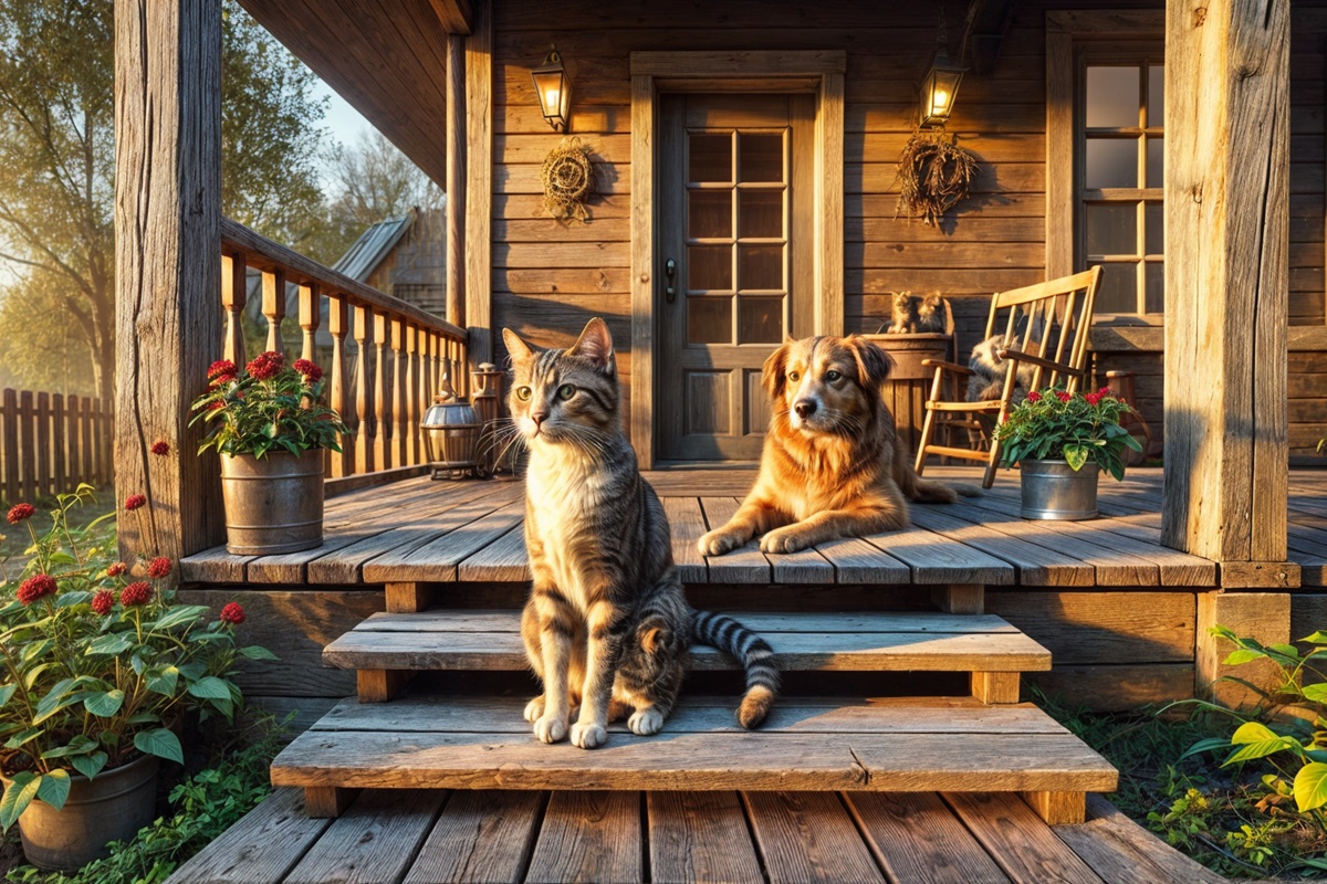 Rendering of a pet cat and dog sitting on the porch of a wooden home.