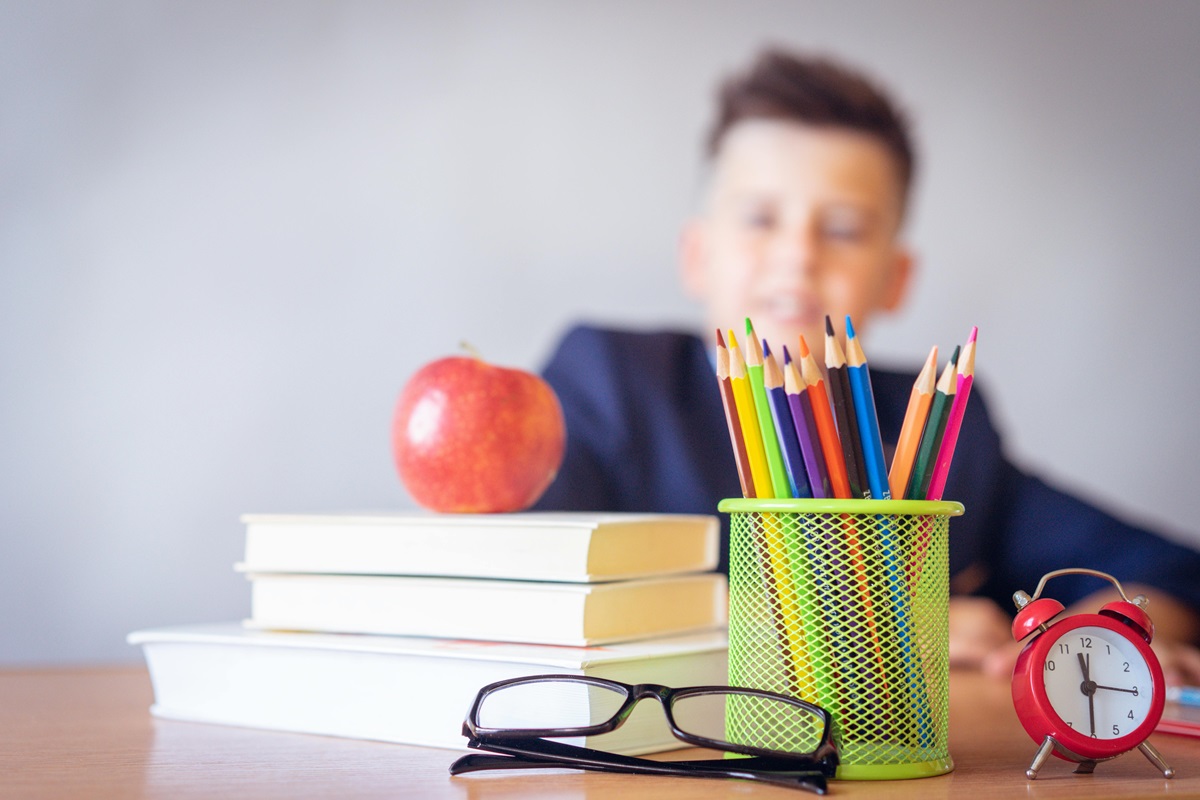 School books on a desk.